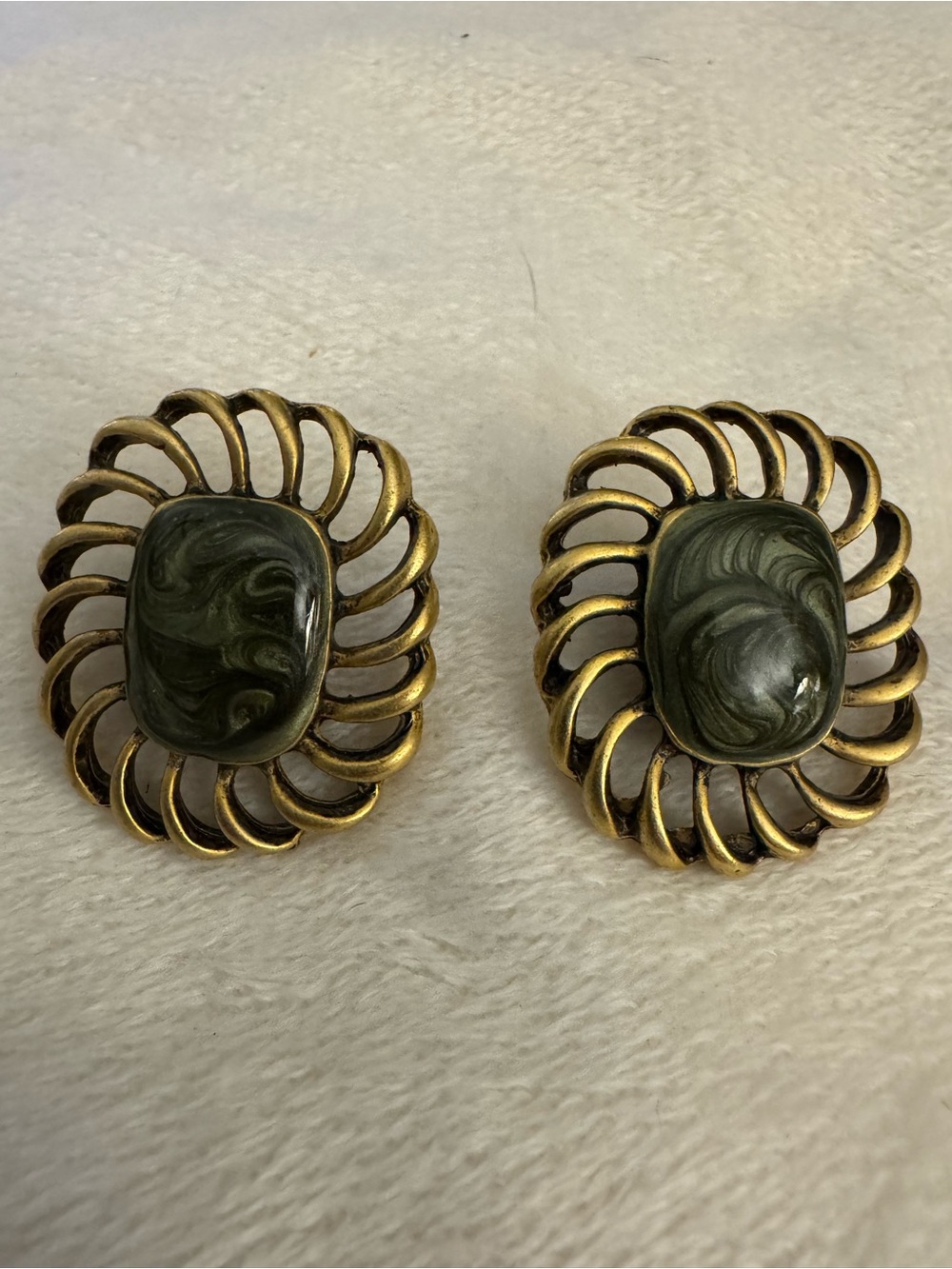 Vintage Gold-Tone Swirl Olive Green Cabochon Earrings